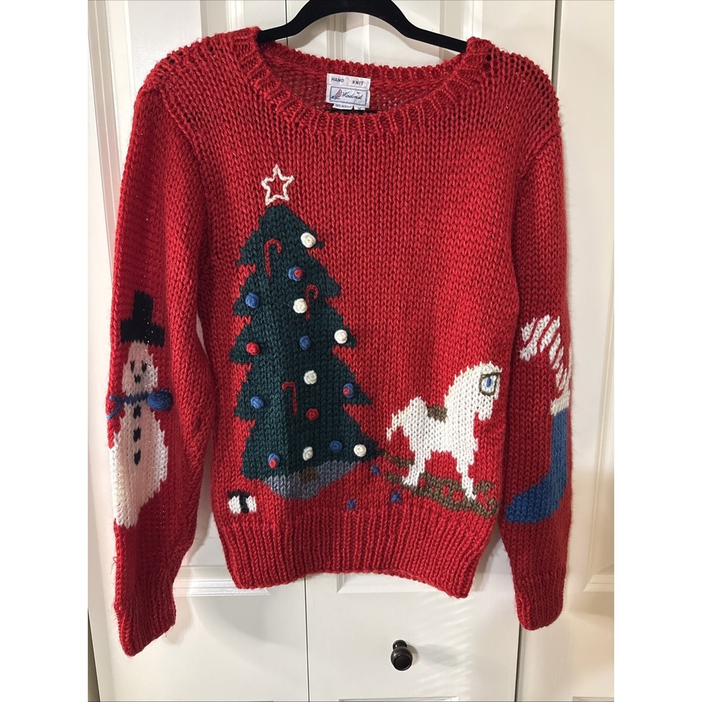 Vintage Windcrest Hand Knit Pullover Christmas Tree Pompom Sweater Women's M